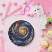 モダンな抽象芸術の宇宙、ロイヤルブルーとゴールドの渦巻き ペーパープレート (パーティー)