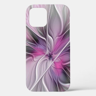 モダンな抽象芸術 フラクタル 花柄 ピンク グレー iPhone 12 PROケース