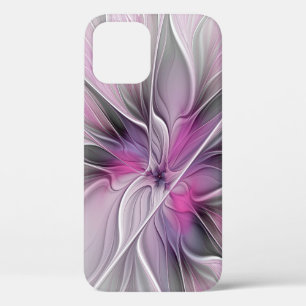 モダンな抽象芸術 フラワー フラクタル ピンク グレー iPhone 12ケース