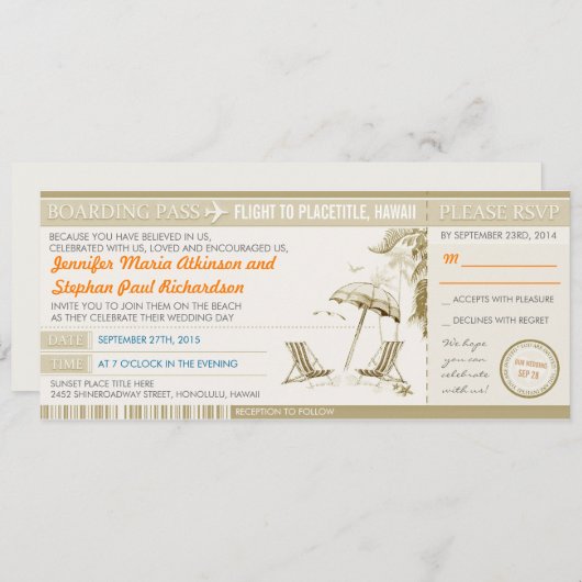 モダンな搭乗券は結婚式招待状に札をつけます 招待状 (正面/裏面)