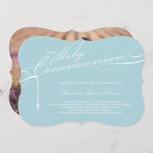 モダンな数珠の宗教最初聖餐式の写真 招待状 (正面/裏面)