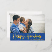 モダンな文字の青い幸せなハヌカの写真 箔シーズンポストカード (正面/裏面)