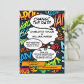 モダンな新しい結婚式の日程 Comic Book セーブザデート (スタンド正面)