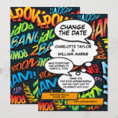 モダンな新しい結婚式の日程 Comic Book セーブザデート (正面/裏面)