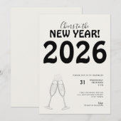 モダンな新年のお祝い 太字タイポ 黒白 招待状 (正面/裏面)