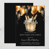 モダンな新年のパーティー ゴールド ブラック風船 招待状 (正面/裏面)
