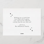 モダンな新年の写真 ゴールドの花火 箔シーズンカード (裏面)