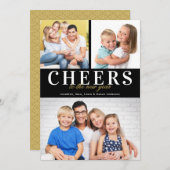 モダンな新年の挨拶カード　ブラック　「新しい年に乾杯」　メッセージ　3枚の写真 シーズンカード (正面/裏面)