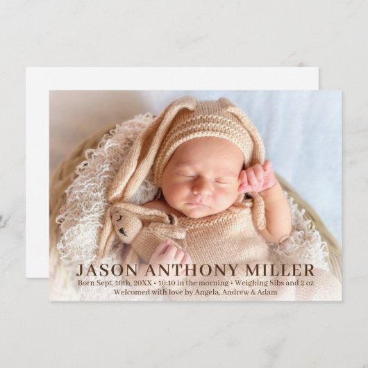モダンな新生児の生まれたばかりのな男の子の誕生Stats |の写真 案内状 (正面/裏面)