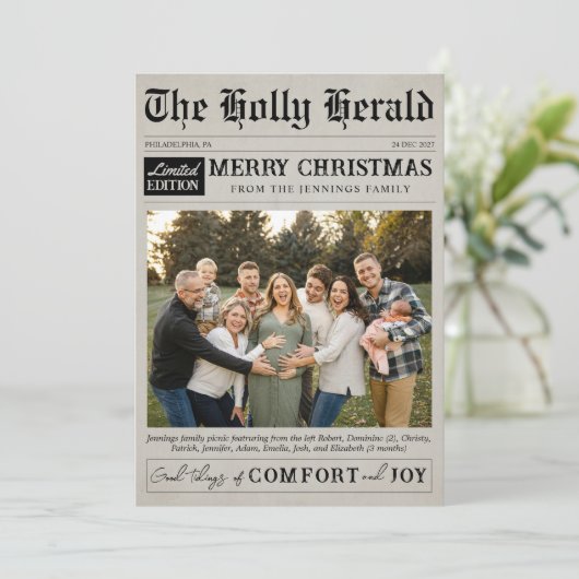 モダンな新聞スタイルのクリスマスカード フラットホリデーカード シーズンカード (スタンド正面)