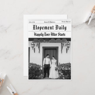 モダンな新聞風の秘密結婚式の報告 招待状