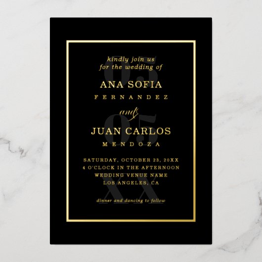 モダンな日付の写真とモノグラムフレーム エレガントで本物  箔招待状 (正面)