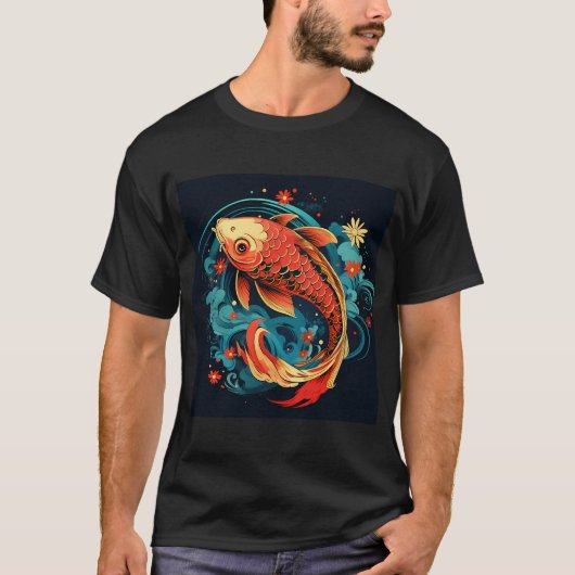 モダンな日本の花と錦鯉 カラフルイラスト Tシャツ (正面)