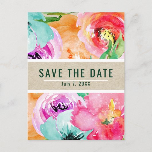 モダンな明るい花の水彩画 Save the Date 案内ポストカード (正面)