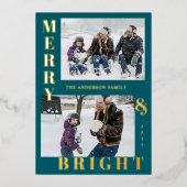 モダンな明るい2枚の写真のターコイズブルーのエレガント 箔シーズンカード (正面)