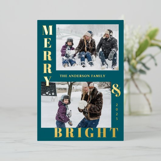 モダンな明るい2枚の写真のターコイズブルーのエレガント 箔シーズンカード (立ち正面)