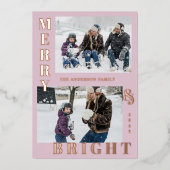 モダンな明るい2枚の写真のピンクのエレガント 箔シーズンカード (正面)