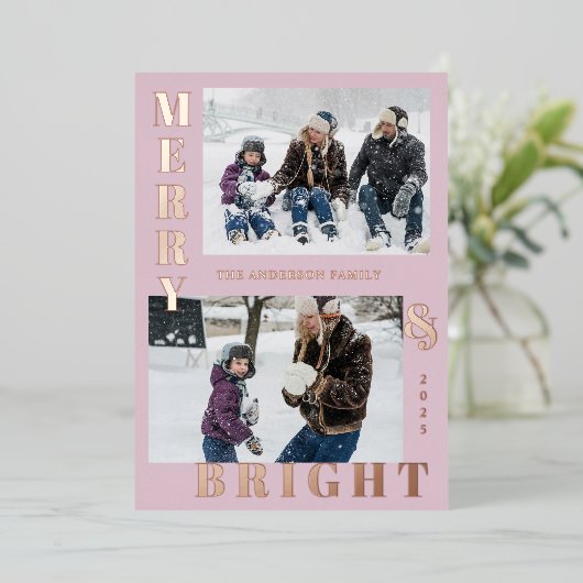 モダンな明るい2枚の写真のピンクのエレガント 箔シーズンカード (立ち正面)