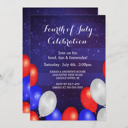 モダンな星は及び7月の招待状の第4を縞で飾ります 招待状 (正面/裏面)