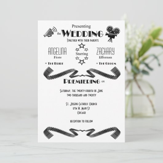 モダンな映画もみ革の結婚式招待状 招待状 (スタンド正面)