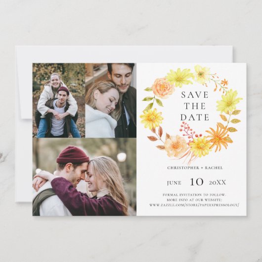 モダンな春のひまわり3枚の写真でおめでたい日を保存 招待状 (正面)