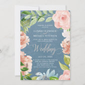 モダンな春のダスティーブルーとオレンジの花の結婚式 招待状 (正面)