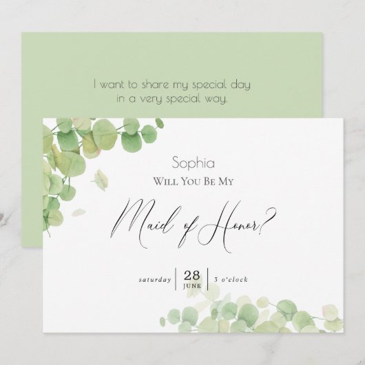 モダンな春のユーカリのメイド・オブ・オナー 招待状 (正面/裏面)