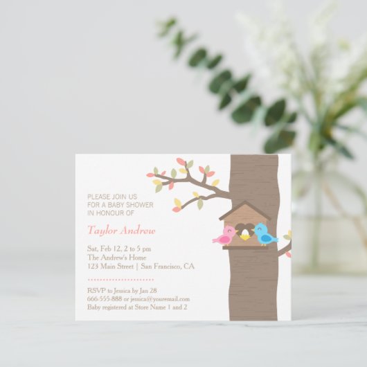 モダンな春の巣箱の巣の鳥のベビーシャワー 招待状 (スタンド正面)