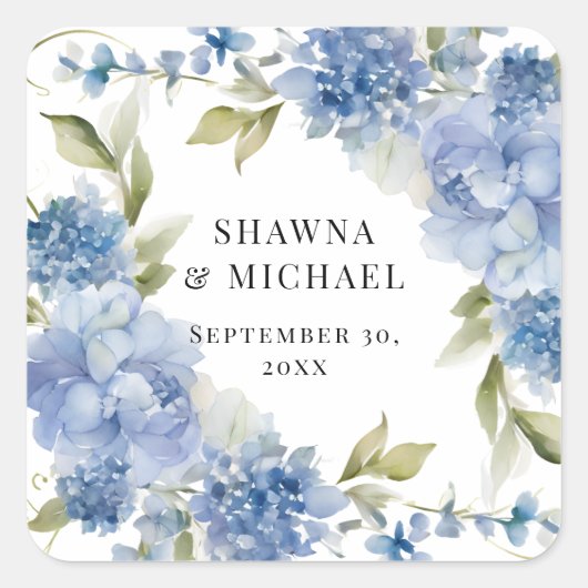 モダンな春の花のブルーとホワイトの水彩ウェディング スクエアシール (正面)