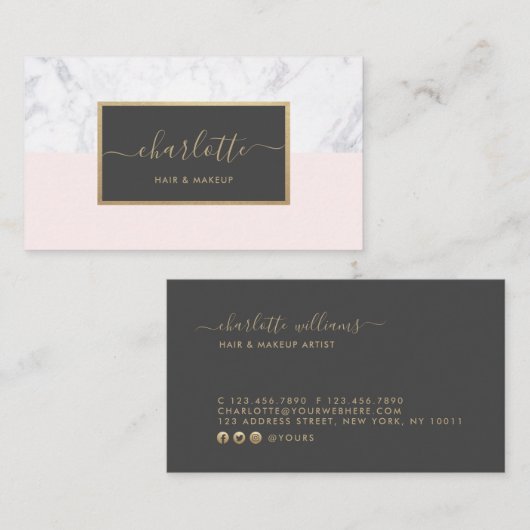 モダンな書道のエレガントな金ゴールドの赤面のピンク及び灰色 名刺 (正面/裏面)