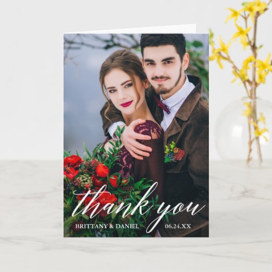 モダンな書道の結婚式の写真Wの折目は感謝していしています カード (黄色い花)