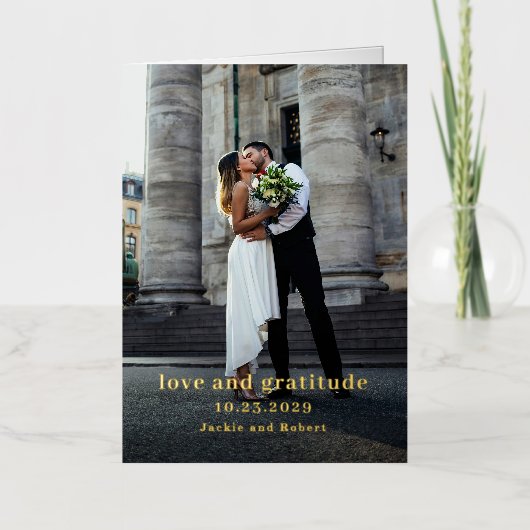 モダンな最低限のデザインの写真 結婚式のお礼 箔グリーティングカード (正面)