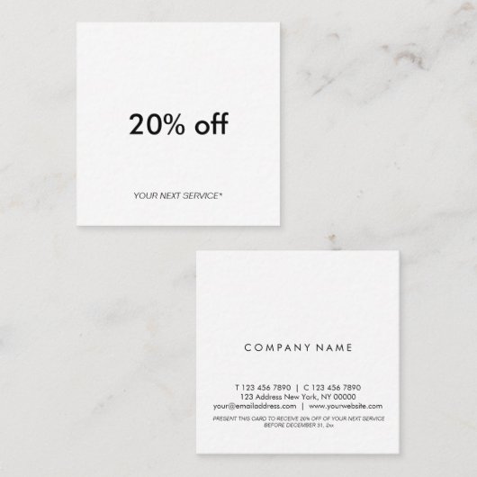 モダンな最小主義のきれいなタイポグラフィのレイアウトの割引 スクエア名刺 (正面/裏面)