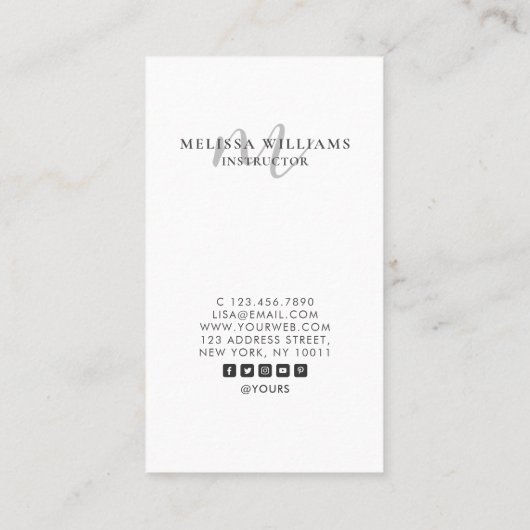 モダンな最小主義のモノグラムのきれいな灰色の垂直 名刺 (裏面)