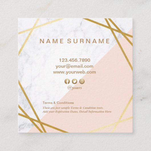 モダンな最小主義の幾何学的な大理石の金ゴールドのロイヤリティ スクエア名刺 (裏面)