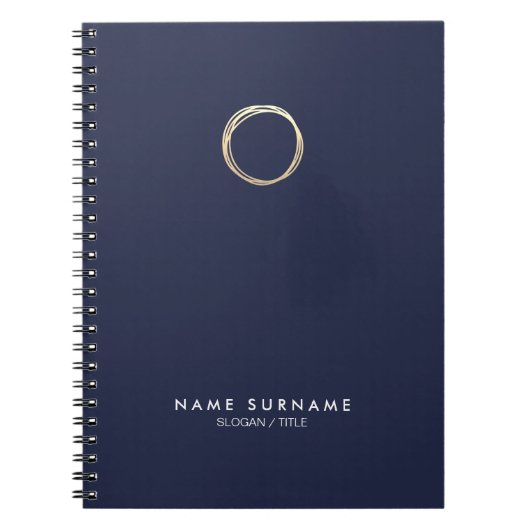モダンな最小主義の金ゴールドの円の真夜中の青い螺線形 ノートブック (正面)