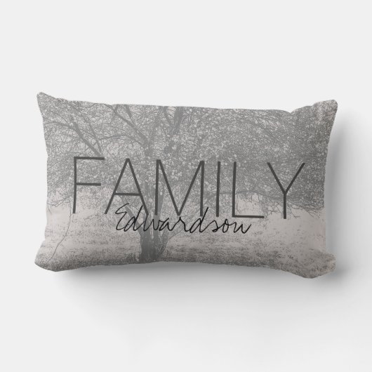 モダンな木の灰色白の自然家族のモノグラムの名前 ランバークッション (裏面)