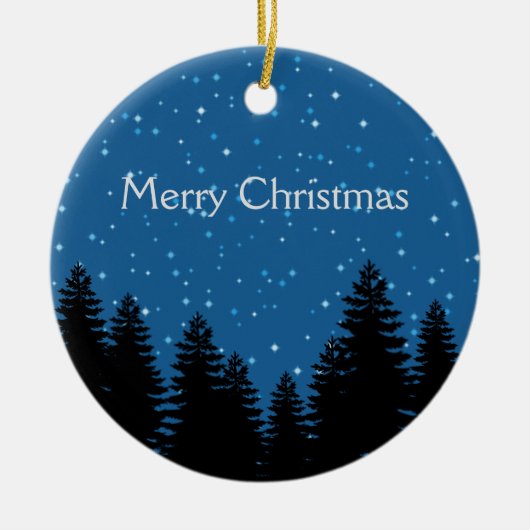 モダンな木は星の空のメリークリスマスのシルエットを描きます セラミックオーナメント (正面)