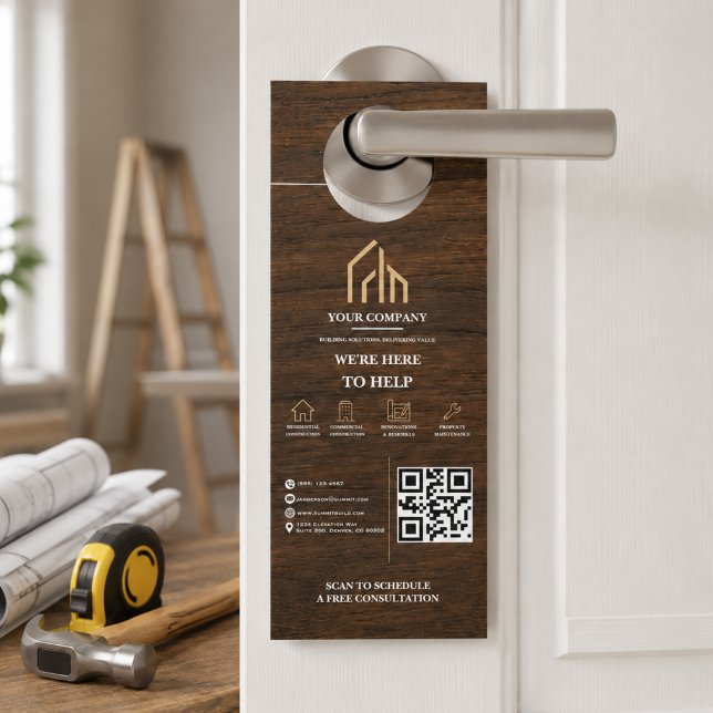 モダンな木目QRコードの建設業向けデザイン ドアノブサイン (Modern Wood Grain QR Code Construction Door Hanger
)