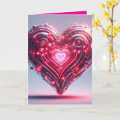 モダンな未来的な輝くピンクのハート カード (黄色い花)