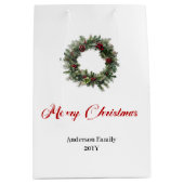 モダンな松のリースのギフトバッグ　伝統的な色で ミディアムペーパーバッグ (正面)