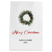 モダンな松のリースのギフトバッグ　伝統的な色で ミディアムペーパーバッグ (裏面)