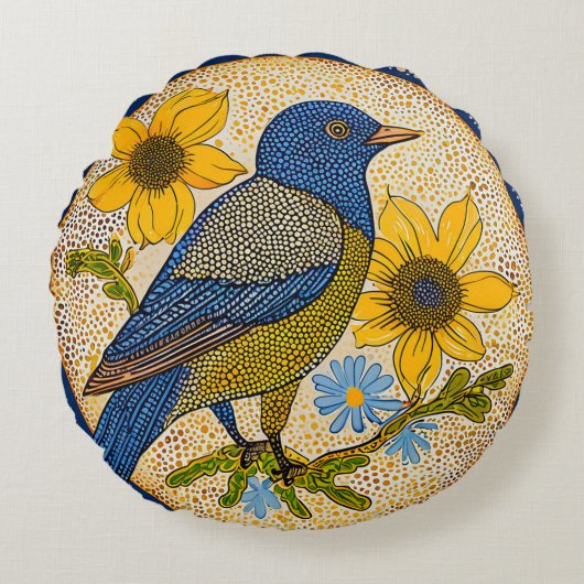 モダンな柄のスタイルの花と鳥 ラウンドクッション (正面)