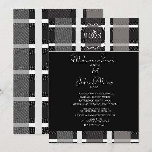 モダンな格子柄 グレー ブラック ホワイト リング ロゴ ウェディング 招待状 (正面/裏面)