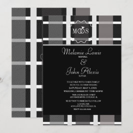 モダンな格子柄 グレー ブラック ホワイト リング ロゴ ウェディング 招待状