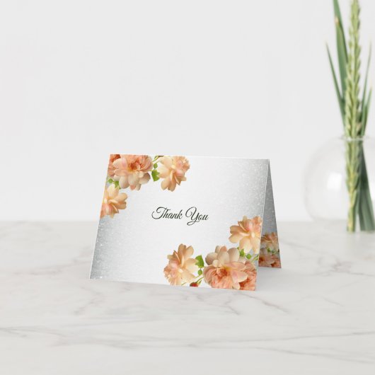モダンな桃の花の銀のラメの結婚式パーティー サンキューカード (正面)