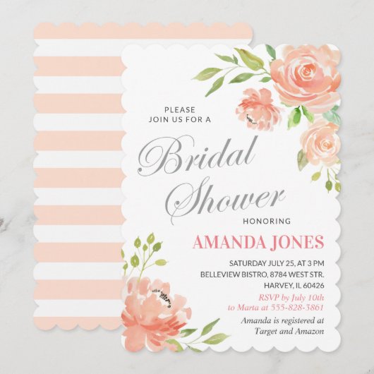 モダンな桃色の芍薬 フラワーブライダルシャワー エレガント 招待状 (正面/裏面)