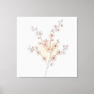 モダンな桜の花のラインアート ピンクの水彩画 キャンバスプリント
