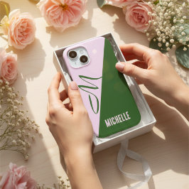モダンな森の緑とソフトピンクのオリジナルデザイン iPhone 15ケース
