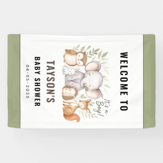 モダンな森林の動物 森の少年 ベビーシャワー 横断幕 (横)